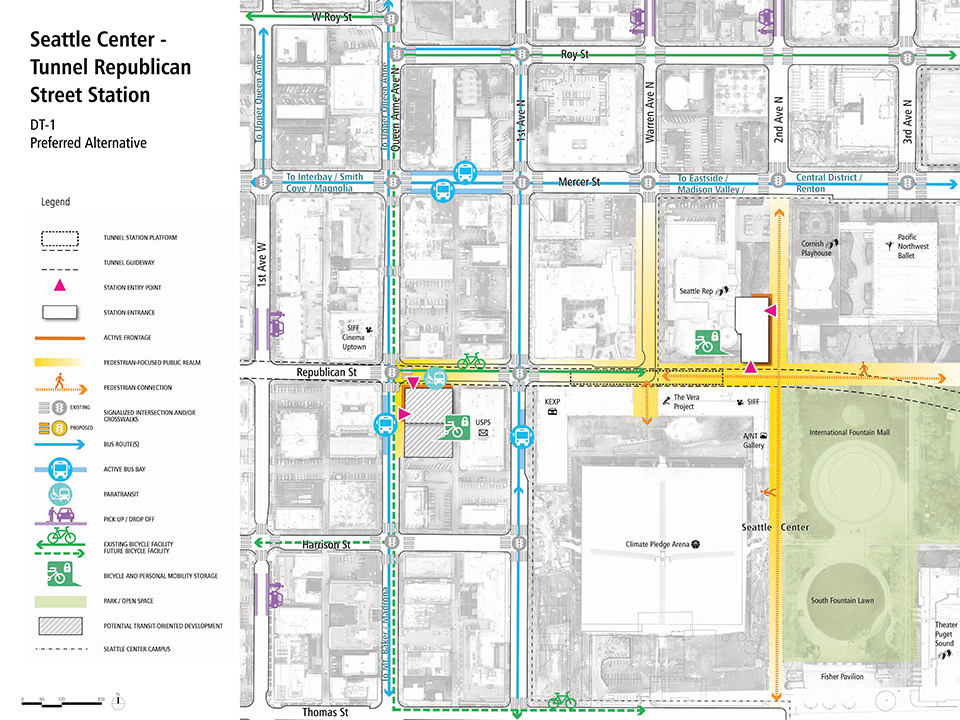 A map that describes how pedestrians, bus riders, bicyclists, and drivers could access the Seattle Center - Tunnel Republican Street Station Alternative.
